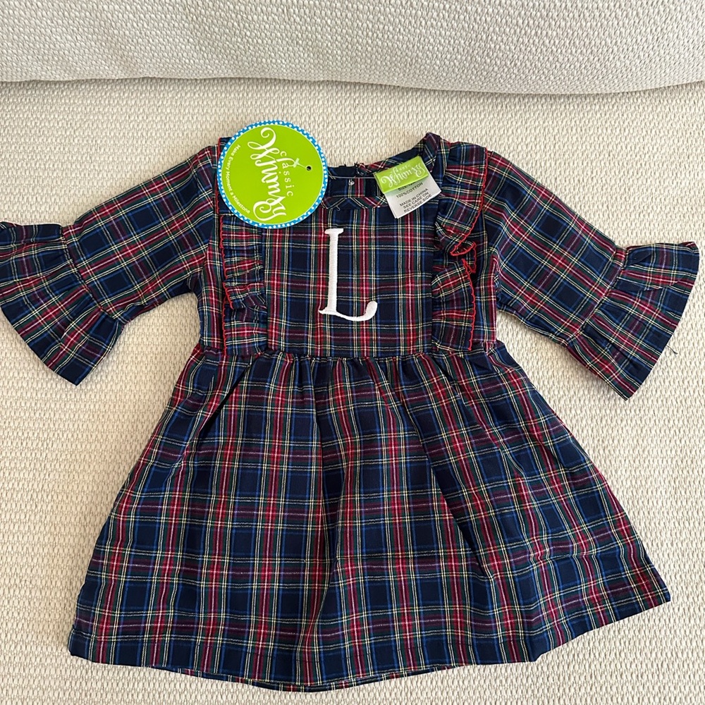 Brand new Classic Whimsy tartan plaid dress- size 12 months with “L” monogram